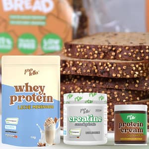 Proteina 1 Kg + Creatina Creapure 300 grs + Pan Proteico y Crema de Untar Proteica de Regalo